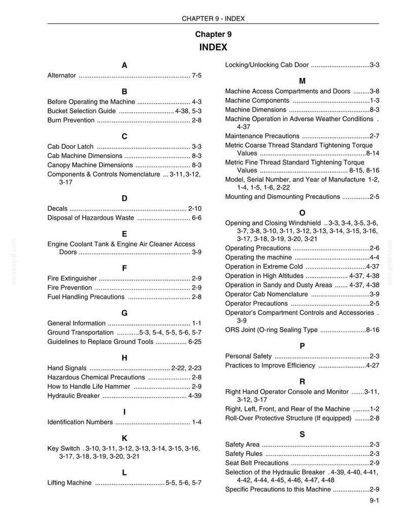 Może przedstawiać: Czarno-biała wydrukowana strona zatytułowana Chapter 9 Index, zawierająca listę temat&oacute;w technicznych w porządku alfabetycznym od Alternator do Safety Rules wraz z numerami stron dotyczącymi obsługi, konserwacji i bezpieczeństwa.