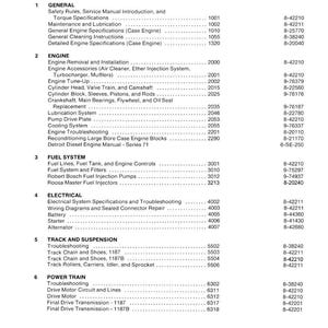 May include: A table of contents from a manual for the 1187/1187B Feller Buncher, listing sections on general information, engine, fuel system, electrical, track and suspension, and power train. The document is from Case Corporation.