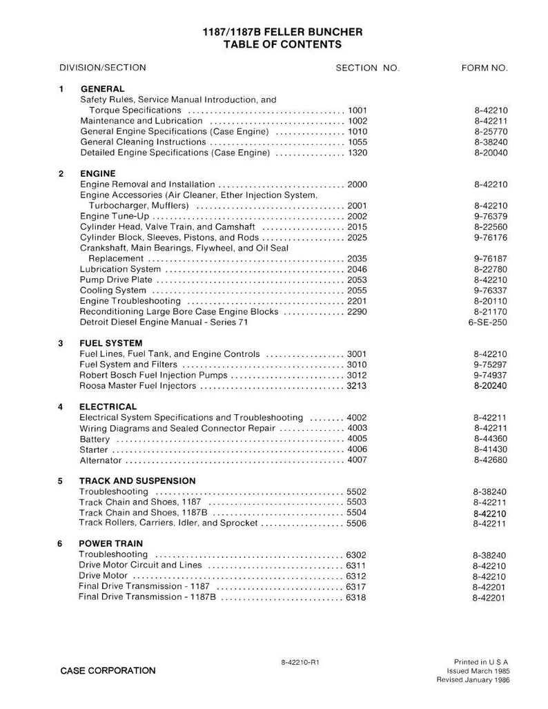 May include: A table of contents from a manual for the 1187/1187B Feller Buncher, listing sections on general information, engine, fuel system, electrical, track and suspension, and power train. The document is from Case Corporation.