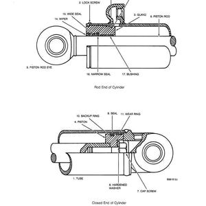 May include: Diagram of a cylinder rod end and closed end, with labels for components like piston rod eye, lock screw, and backup ring. The illustration is in black and white, with detailed cross-sections.