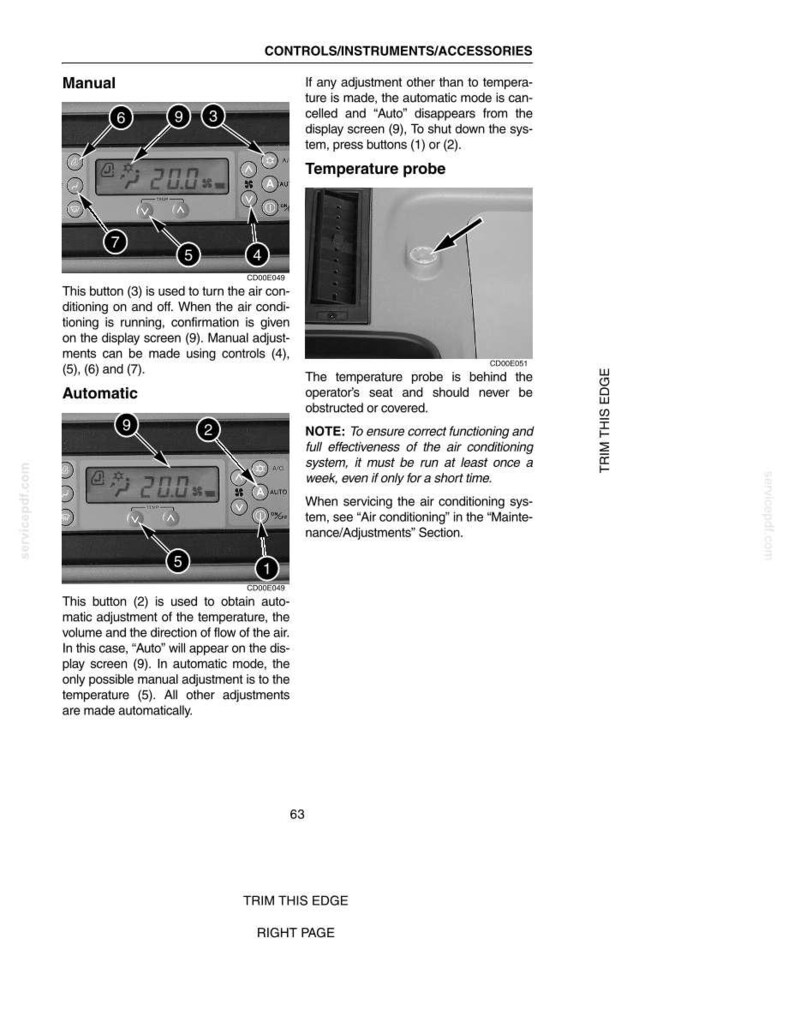 May include: A page from a manual detailing controls, instruments, and accessories. It features diagrams of a control panel with buttons and a temperature probe. Text includes instructions for manual and automatic settings, with a temperature display.