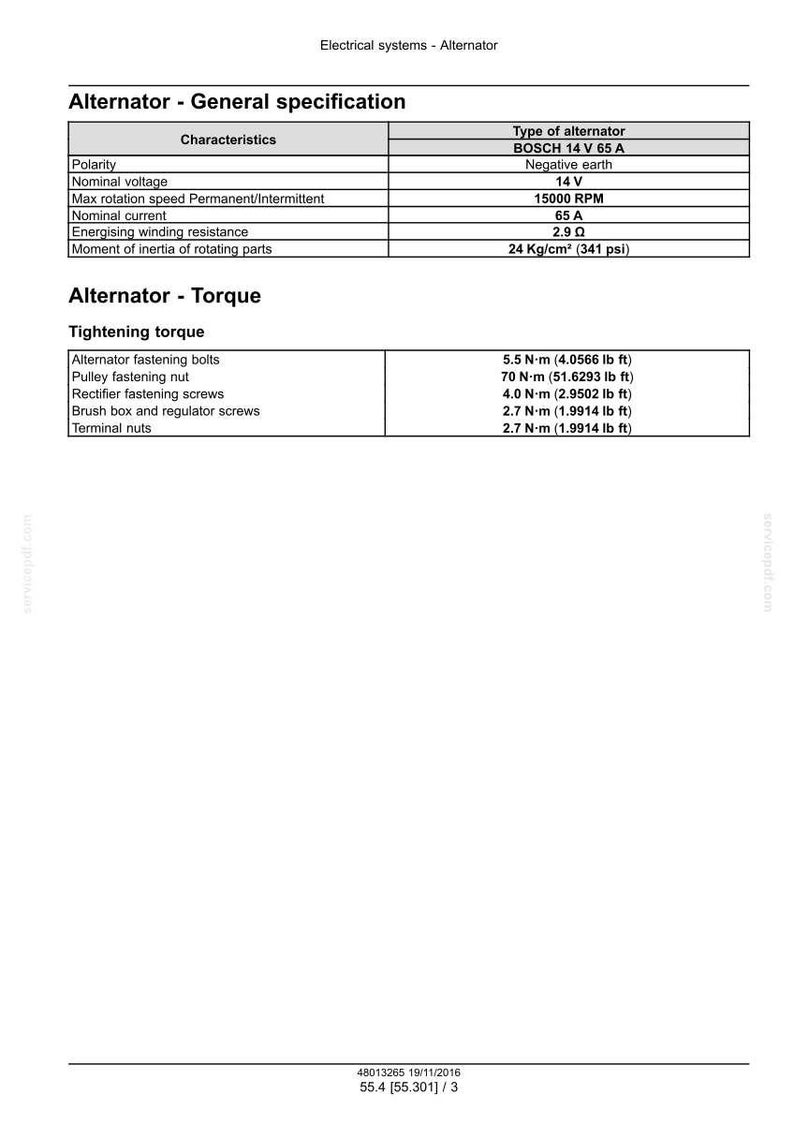 May include: Technical diagram detailing alternator specifications. Includes characteristics like polarity, voltage, and torque values in lb ft. The image also lists the type of alternator as BOSCH 14 V 65 A.