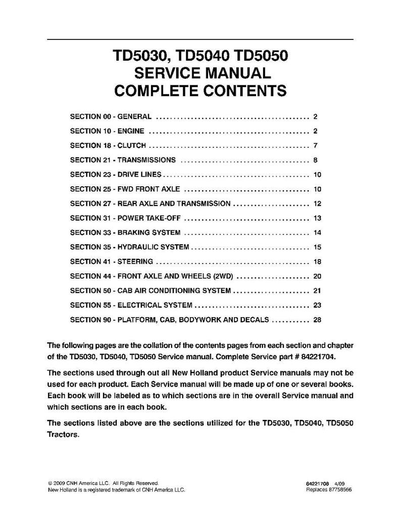 May include: A black and white document titled TD5030, TD5040 TD5050 SERVICE MANUAL COMPLETE CONTENTS. It lists sections from 00 to 90, including engine, clutch, transmissions, and electrical systems, with explanatory text regarding the service manual.