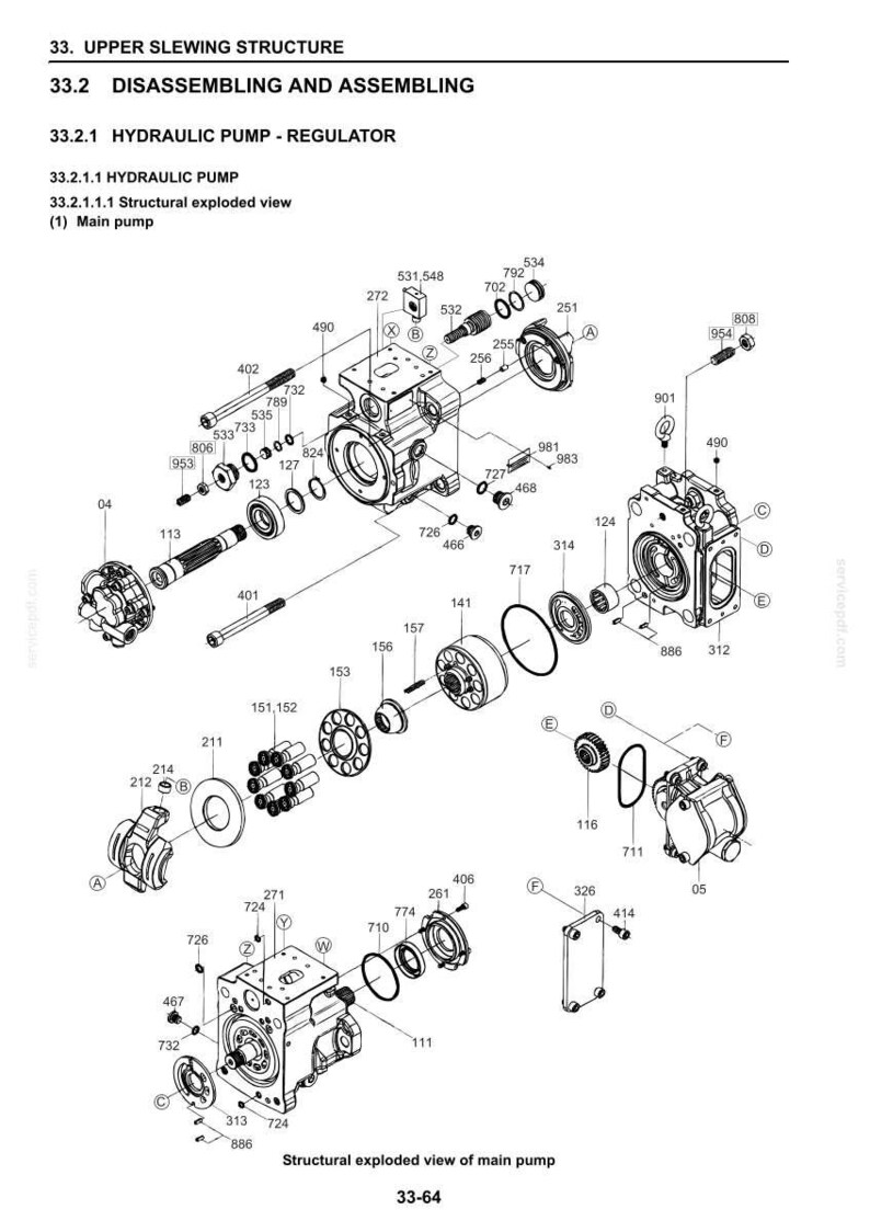 May include: A technical exploded view diagram of a hydraulic pump, labelled 33.2.1.1, showing various internal components, gears, seals, and housing parts with numerical identifiers for assembly and disassembly reference on a white background.