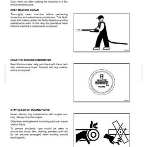May include: Diagrams illustrating maintenance instructions. One shows a person using a hose, another a circular gauge with the word "HOURS", and a third depicts moving parts with a warning.