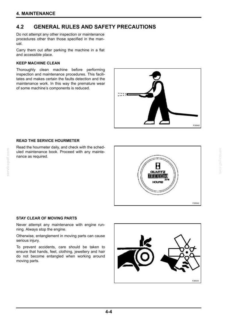May include: Diagrams illustrating maintenance instructions. One shows a person using a hose, another a circular gauge with the word "HOURS", and a third depicts moving parts with a warning.