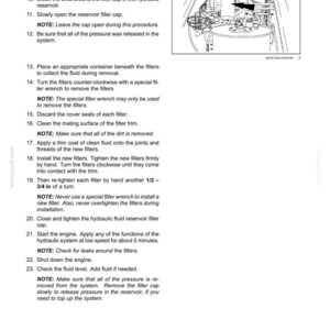 May include: Diagram from a maintenance manual showing steps for servicing a hydraulic fluid reservoir. Instructions include removing the access cover, cleaning the area, and replacing filters. Text includes safety notes and warnings.