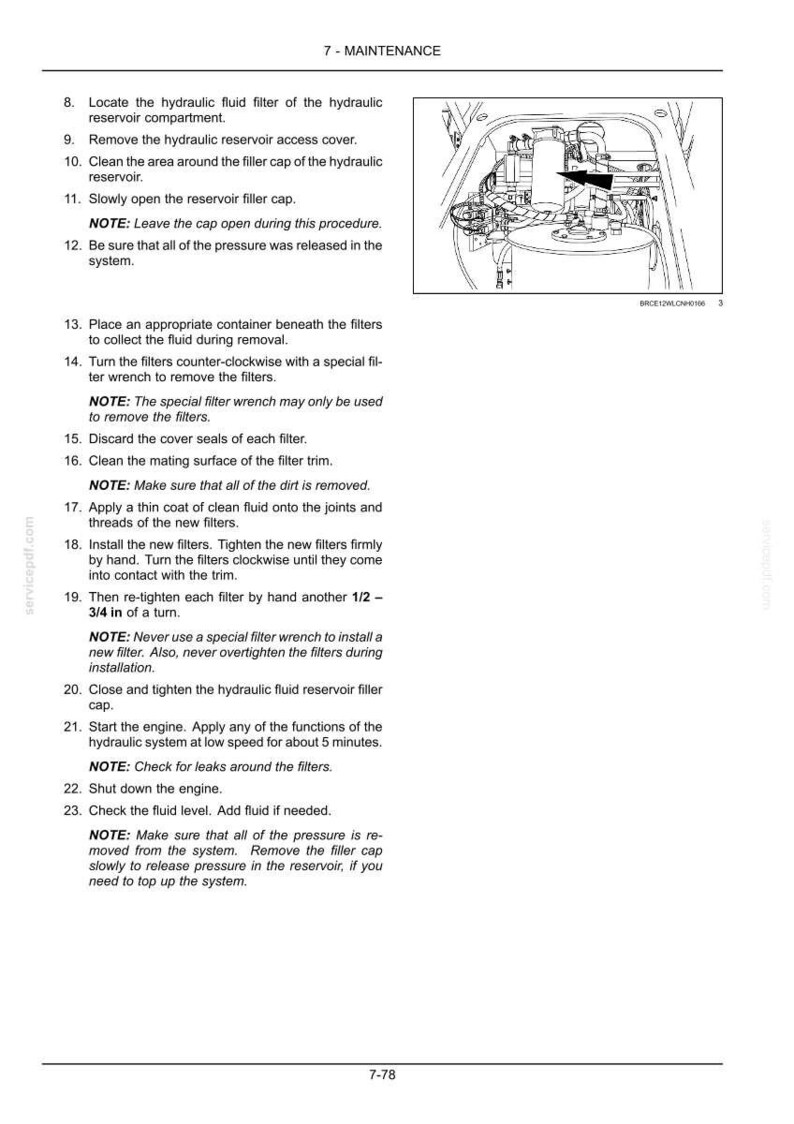 May include: Diagram from a maintenance manual showing steps for servicing a hydraulic fluid reservoir. Instructions include removing the access cover, cleaning the area, and replacing filters. Text includes safety notes and warnings.