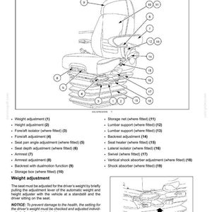 Op de afbeelding: Een technisch diagram van een luchtgeveerde stoel met een dynamisch dempingssysteem, voorzien van genummerde labels van 1 tot 19 die wijzen naar diverse instelbare functies zoals gewicht, hoogte, armsteun en schokdemperinstellingen.