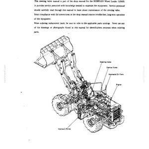 Pode incluir: Uma p&aacute;gina de manual t&eacute;cnico intitulada PREFACE para uma carregadeira de rodas KOBELCO LK600. Inclui instru&ccedil;&otilde;es de texto e um desenho de linha em preto e branco da carregadeira com etiquetas apontando para a v&aacute;lvula de dire&ccedil;&atilde;o, v&aacute;lvula de controle, tanque de &oacute;leo hidr&aacute;ulico, motor e bomba hidr&aacute;ulica.