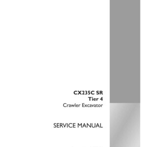 May include: A white service manual with grey accents. The cover displays the text "CX235C SR Tier 4 Crawler Excavator SERVICE MANUAL". The bottom of the cover includes the part number, edition, and date, along with the "CASE CONSTRUCTION" logo.