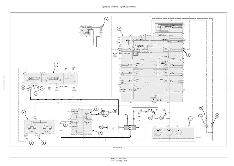 May include: A detailed technical diagram of a hydraulic system, featuring interconnected components, lines, and numbered labels. The diagram is primarily in black and white, with a focus on functionality and design. The text "Hydraulic systems" is at the top.