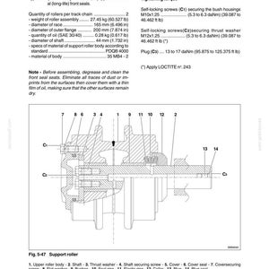 May include: Diagram of a support roller with labels and specifications. Includes measurements in inches and pounds, along with tightening torque values. The text includes notes on assembly and safety precautions.