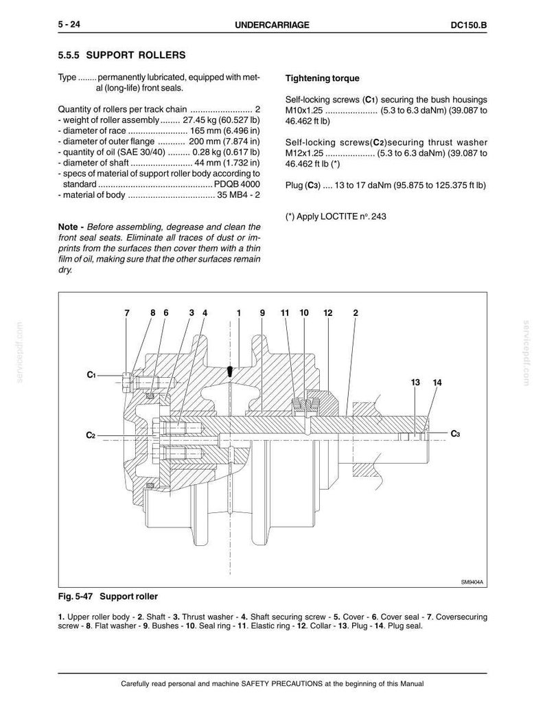 May include: Diagram of a support roller with labels and specifications. Includes measurements in inches and pounds, along with tightening torque values. The text includes notes on assembly and safety precautions.