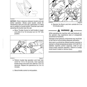 May include: A technical manual page titled CHAPTER 4 - OPERATING INSTRUCTIONS, detailing the Warming of Hydraulic Oil. It includes diagrams of excavator controls, bucket operation, and text warnings regarding cold hydraulic oil and machine safety.