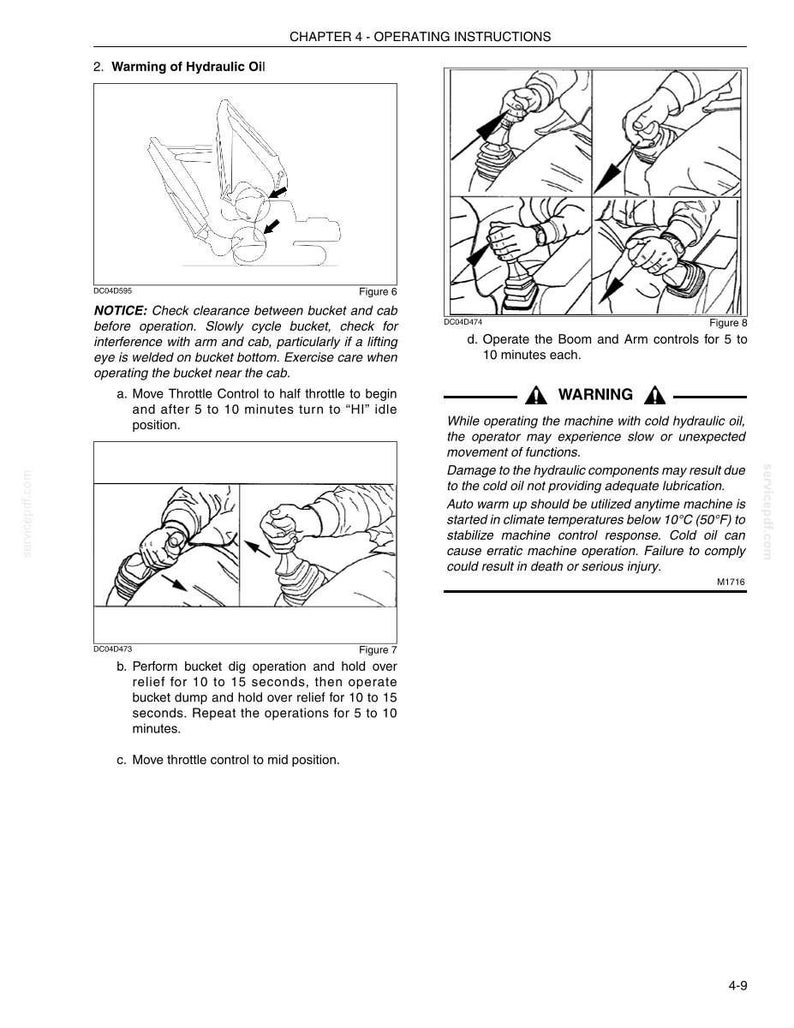 May include: A technical manual page titled CHAPTER 4 - OPERATING INSTRUCTIONS, detailing the Warming of Hydraulic Oil. It includes diagrams of excavator controls, bucket operation, and text warnings regarding cold hydraulic oil and machine safety.