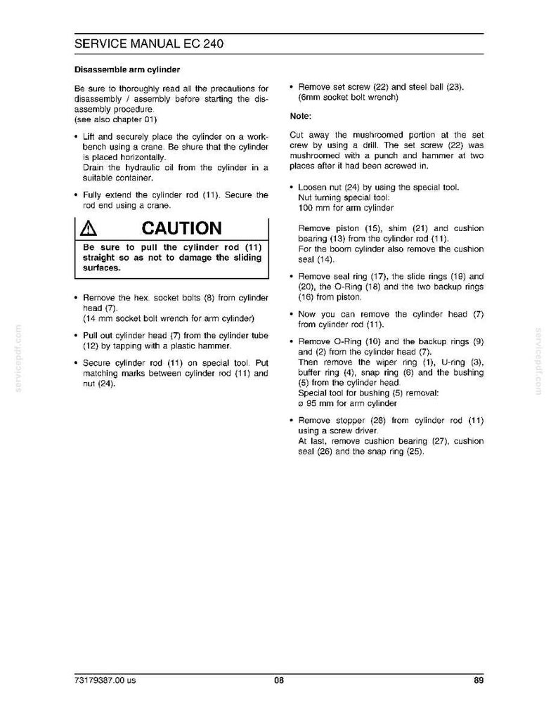 May include: A service manual page for EC 240, detailing the disassembly of an arm cylinder. The text includes instructions, safety warnings, and diagrams for mechanical procedures. The page is white with black text.