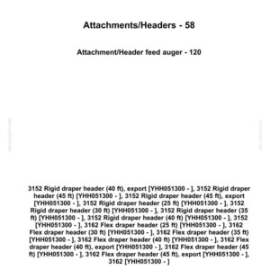 May include: White background with the Case IH Agriculture logo and text. The image lists various attachments and headers, including rigid and flex draper headers, with sizes ranging from 25 to 45 feet.