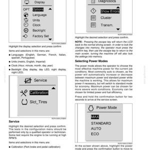 Peut inclure: Une page de manuel technique pr&eacute;sentant quatre diagrammes d'interface d'&eacute;cran LCD en noir et blanc intitul&eacute;s Display, Diagnostics, Service et Power Mode. Le texte fournit des instructions pour naviguer dans les menus, s&eacute;lectionner les langues, les unit&eacute;s, les r&eacute;glages de l'horloge, le r&eacute;tro&eacute;clairage, la r&eacute;initialisation, les erreurs, le calibrage, les pneus et les modes de puissance.