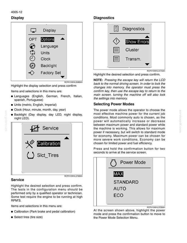 Peut inclure: Une page de manuel technique pr&eacute;sentant quatre diagrammes d'interface d'&eacute;cran LCD en noir et blanc intitul&eacute;s Display, Diagnostics, Service et Power Mode. Le texte fournit des instructions pour naviguer dans les menus, s&eacute;lectionner les langues, les unit&eacute;s, les r&eacute;glages de l'horloge, le r&eacute;tro&eacute;clairage, la r&eacute;initialisation, les erreurs, le calibrage, les pneus et les modes de puissance.