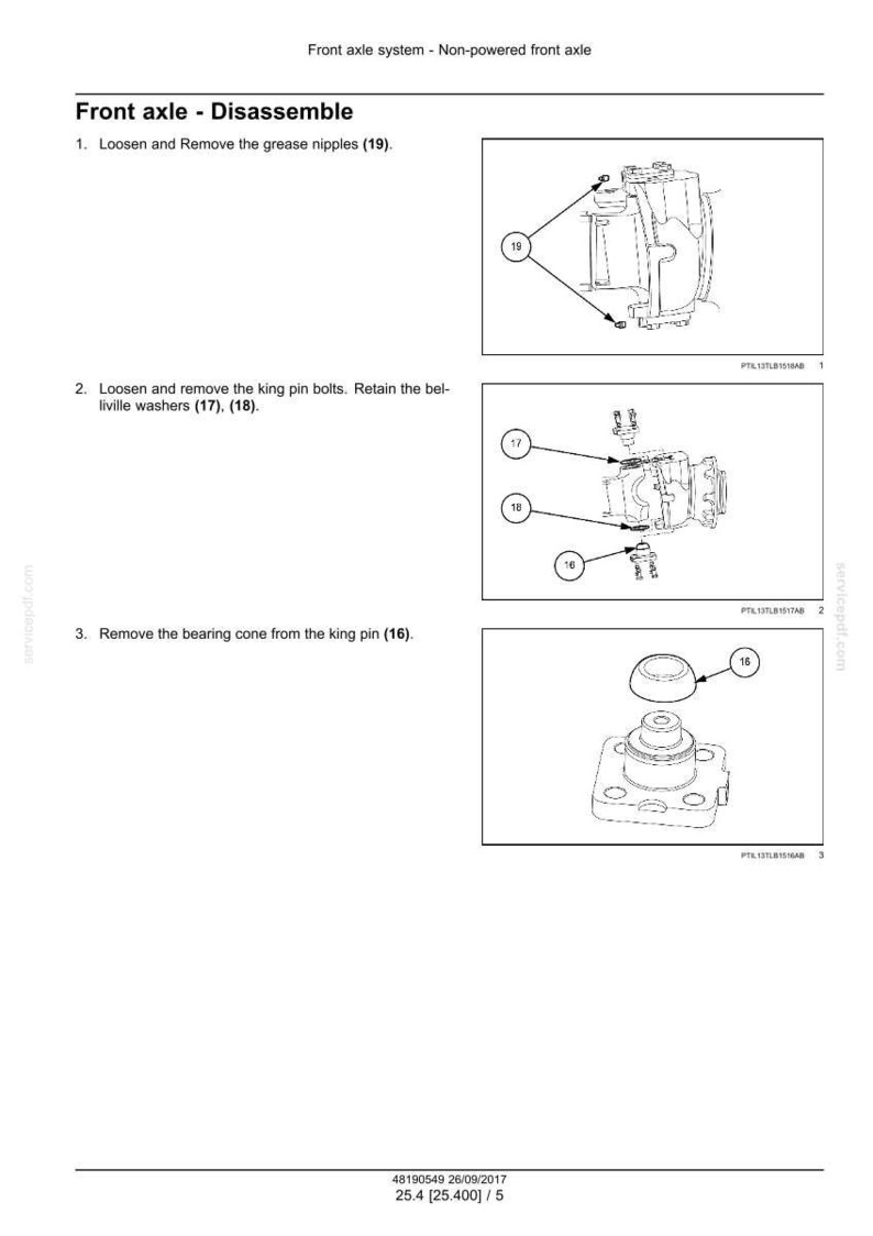May include: Diagram illustrating the disassembly of a front axle system. The image shows step-by-step instructions with labeled components, including grease nipples, king pin bolts, and bearing cones. Text at the bottom reads "25.4 [25.400] / 5".