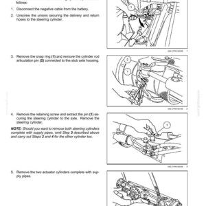 May include: Diagram illustrating the removal of a front axle steering cylinder from a four-wheel drive axle. The steps include disconnecting the battery cable, unscrewing unions, removing snap rings and pins, and removing actuator cylinders. Text includes instructions and part numbers.