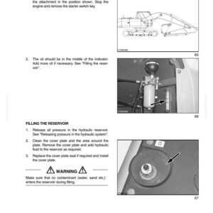 May include: Page from a manual detailing lubrication and fluid maintenance for heavy machinery. Includes diagrams of the machine and reservoir components, along with step-by-step instructions for filling and checking fluid levels. Features a warning symbol.