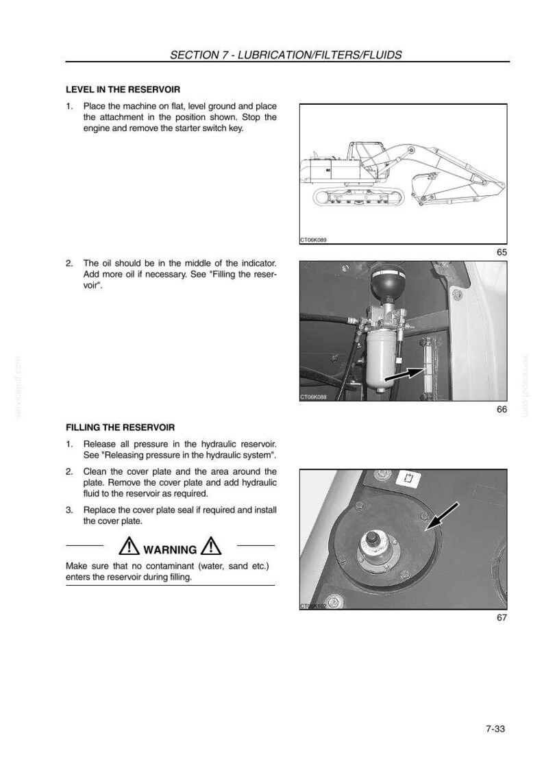 May include: Page from a manual detailing lubrication and fluid maintenance for heavy machinery. Includes diagrams of the machine and reservoir components, along with step-by-step instructions for filling and checking fluid levels. Features a warning symbol.