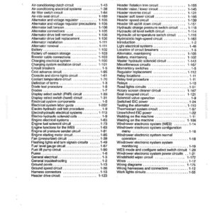 Pu&ograve; includere: Una pagina di indice stampata in bianco e nero intitolata Section 1 - Electrical Systems, numerata 1-203 in basso. Il documento elenca vari componenti e circuiti elettrici in due colonne, inclusi i sistemi di climatizzazione, alternatore e batteria.