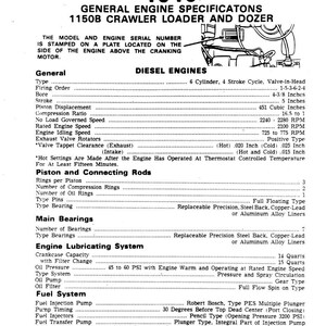 May include: A detailed technical specification sheet for a 1150B Crawler Loader and Dozer diesel engine. The document includes engine specifications, piston and connecting rod details, main bearings, and fuel system information. The text is printed in black on a white background.