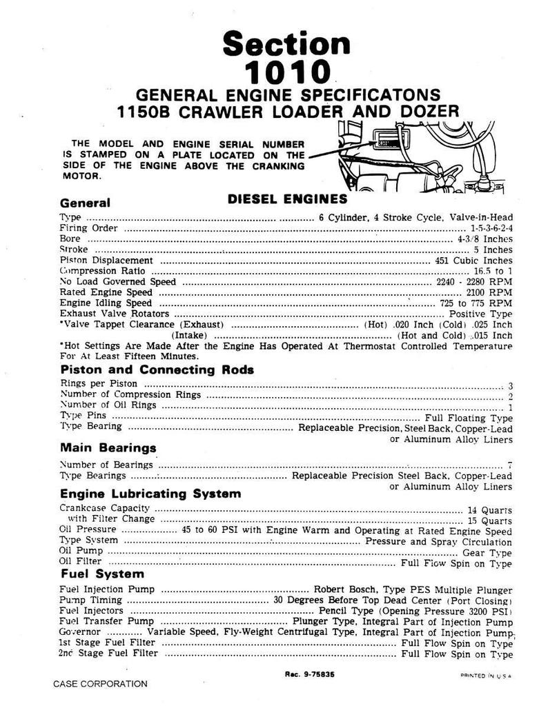 May include: A detailed technical specification sheet for a 1150B Crawler Loader and Dozer diesel engine. The document includes engine specifications, piston and connecting rod details, main bearings, and fuel system information. The text is printed in black on a white background.