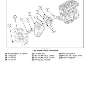 May include: An exploded view diagram of an engine cooling system, labeled L3BL. The diagram shows various components including a cooling fan, hex bolts, a water pump assembly, and a pulley. Measurements are in millimeters.