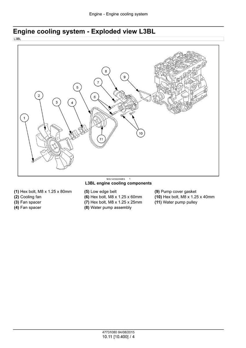 May include: An exploded view diagram of an engine cooling system, labeled L3BL. The diagram shows various components including a cooling fan, hex bolts, a water pump assembly, and a pulley. Measurements are in millimeters.