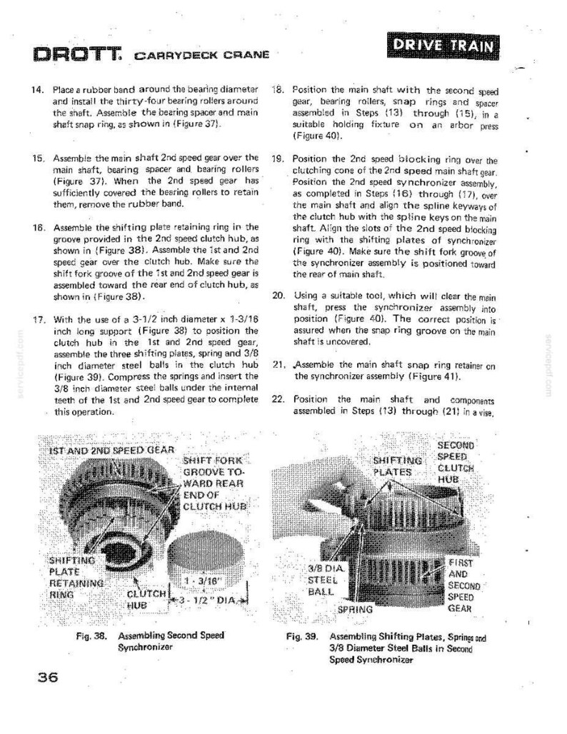 Pu&ograve; includere: Diagramma tecnico dal manuale DROTT CARRYDECK CRANE, che illustra l'assemblaggio di un sincronizzatore di seconda velocit&agrave;. Include diagrammi etichettati di componenti come piastre di cambio, mozzi frizione e sfere d'acciaio. Misure in pollici.