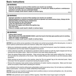 May include: A page from a maintenance manual with safety warnings and instructions. The text includes warnings about improper operation, falling objects, and maintenance procedures. It also provides notices about safety precautions and filter replacement.