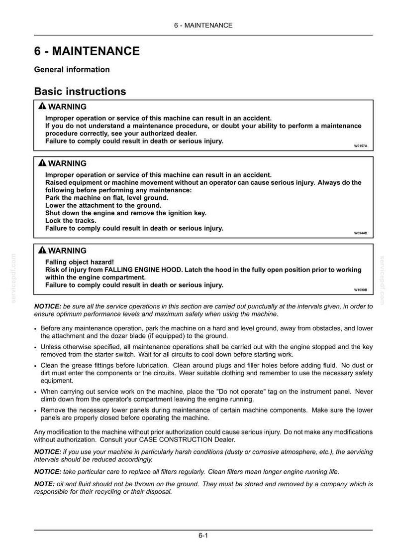 May include: A page from a maintenance manual with safety warnings and instructions. The text includes warnings about improper operation, falling objects, and maintenance procedures. It also provides notices about safety precautions and filter replacement.