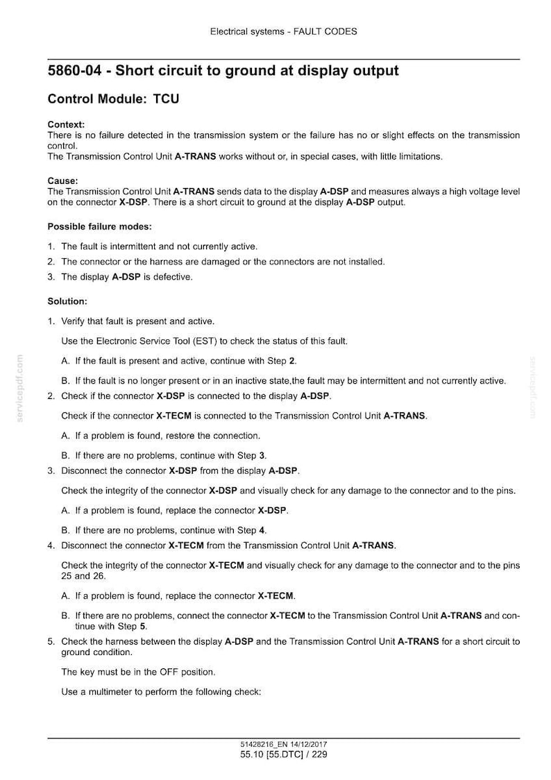 Puede incluir: Documento que detalla los c&oacute;digos de falla del sistema el&eacute;ctrico, espec&iacute;ficamente un cortocircuito a tierra en la salida de la pantalla. Incluye pasos para la soluci&oacute;n de problemas de la Unidad de Control de Transmisi&oacute;n (TCU).