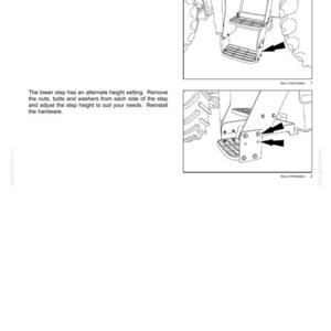 May include: A technical manual page titled 3 - CONTROLS AND INSTRUMENTS featuring Lower step instructions. Two black and white line drawings illustrate a tractor step assembly with arrows indicating adjustment points for height and clearance.