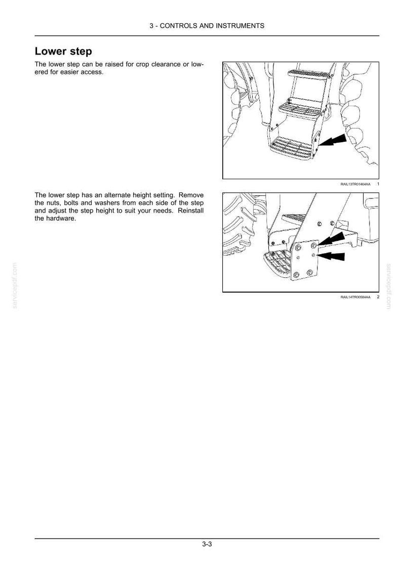May include: A technical manual page titled 3 - CONTROLS AND INSTRUMENTS featuring Lower step instructions. Two black and white line drawings illustrate a tractor step assembly with arrows indicating adjustment points for height and clearance.