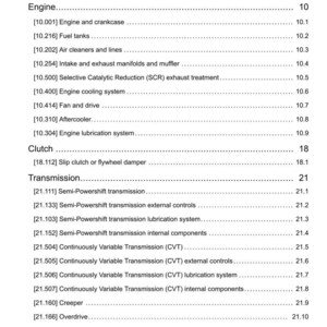 May include: A printed page titled "Contents" from a manual, listing sections on Engine, Clutch, Transmission, and Four-Wheel Drive systems. The text includes sub-sections with page numbers, such as "Engine and crankcase" and "Fuel tanks."