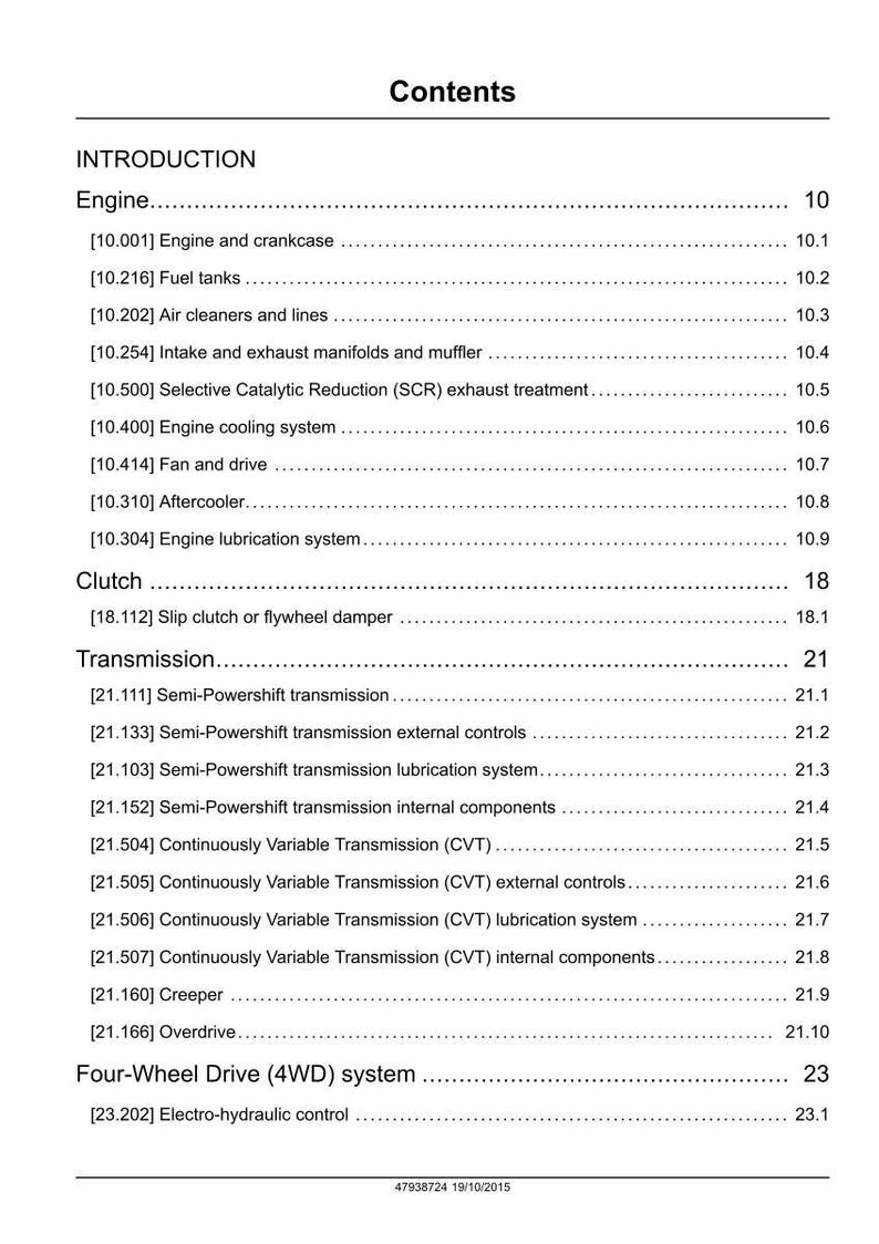 May include: A printed page titled "Contents" from a manual, listing sections on Engine, Clutch, Transmission, and Four-Wheel Drive systems. The text includes sub-sections with page numbers, such as "Engine and crankcase" and "Fuel tanks."
