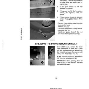 May include: A grayscale technical diagram detailing lubrication procedures for a turntable and swing reduction gear. The image includes close-up shots with numbered labels and instructions for greasing components, with text instructions.