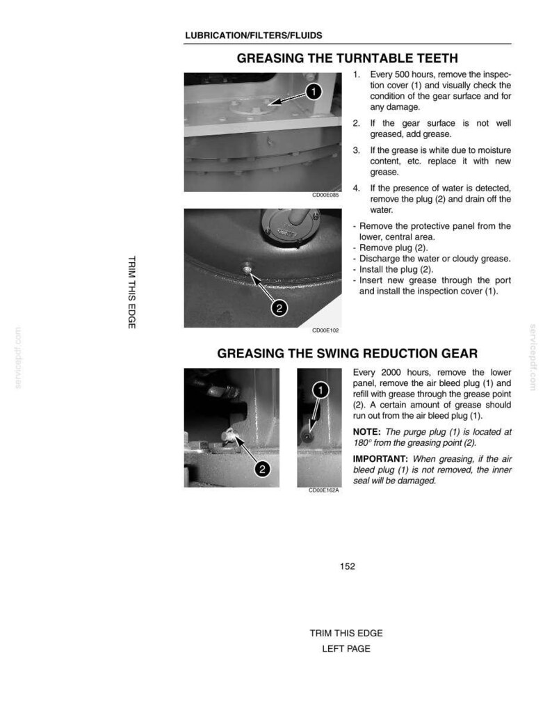 May include: A grayscale technical diagram detailing lubrication procedures for a turntable and swing reduction gear. The image includes close-up shots with numbered labels and instructions for greasing components, with text instructions.