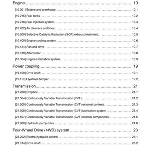 May include: A page from a manual titled "Contents" with a list of engine and transmission components. The text includes sections on the engine, power coupling, transmission, four-wheel drive, and front axle systems.