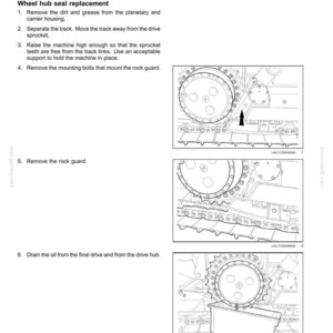 May include: Diagram of a rear axle system with planetary and final drives. The image includes detailed illustrations of wheel hub removal steps, including removing dirt, separating the track, and removing the rock guard. Text instructions accompany the diagrams.