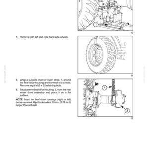 May include: A technical manual page titled SECTION 27 - MECHANICAL REAR WHEEL DRIVE - CHAPTER 2, featuring three black and white line drawings illustrating tractor maintenance steps, including jack placement, wheel removal, and final drive housing separation.