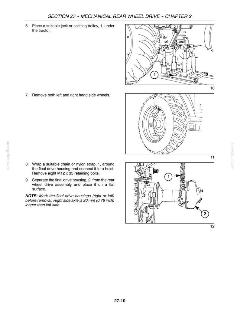 May include: A technical manual page titled SECTION 27 - MECHANICAL REAR WHEEL DRIVE - CHAPTER 2, featuring three black and white line drawings illustrating tractor maintenance steps, including jack placement, wheel removal, and final drive housing separation.