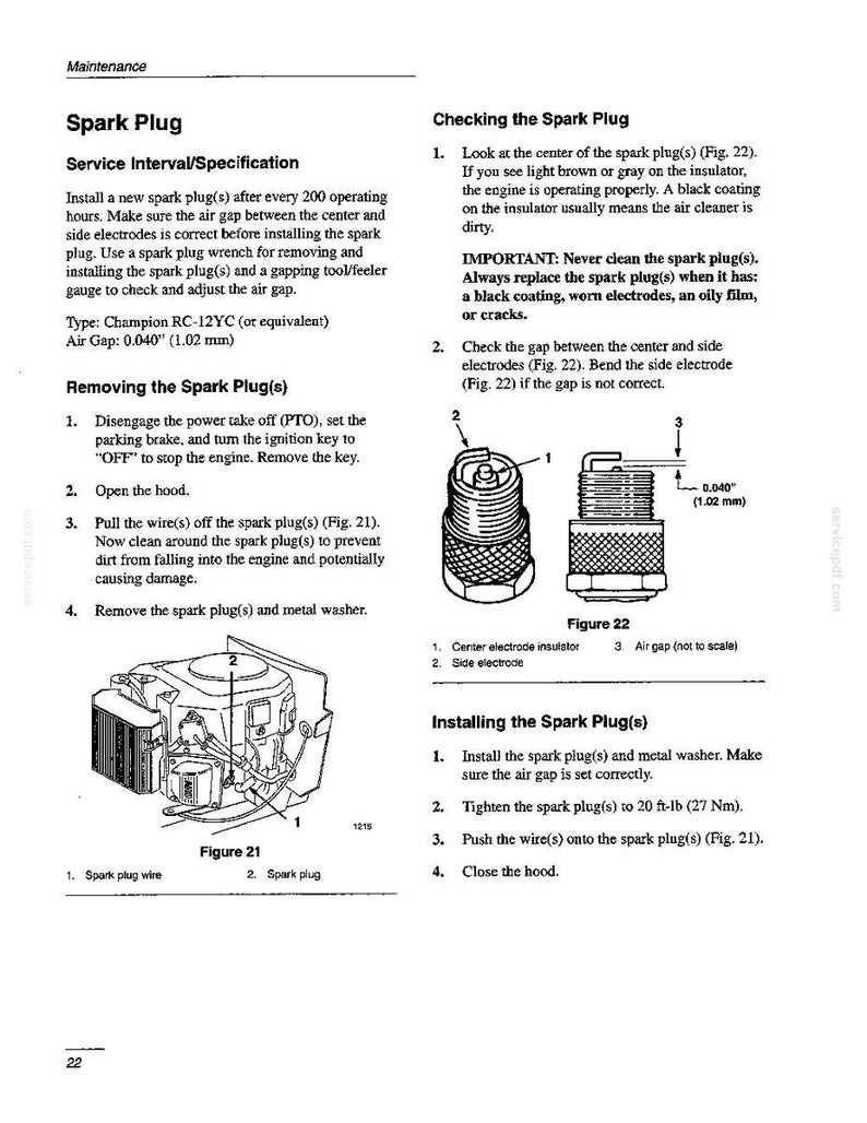 Pode incluir: Uma p&aacute;gina de manual t&eacute;cnico intitulada Maintenance Spark Plug, com diagramas de uma vela de igni&ccedil;&atilde;o e componentes do motor. Inclui instru&ccedil;&otilde;es para verificar, remover e instalar velas, com um texto especificando uma folga de 1,02 mm.