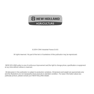 以下が含まれることがあります： 白地にグレーと白の「NEW HOLLAND AGRICULTURE」ロゴが入ったドキュメント。技術出版物とツールに関するテキストと著作権情報が含まれています。