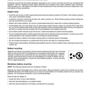 May include: A page from a manual with the title "Safety rules - Ecology and the environment." The text provides guidelines on handling chemicals, oils, and batteries to protect the environment. Includes a recycling symbol.